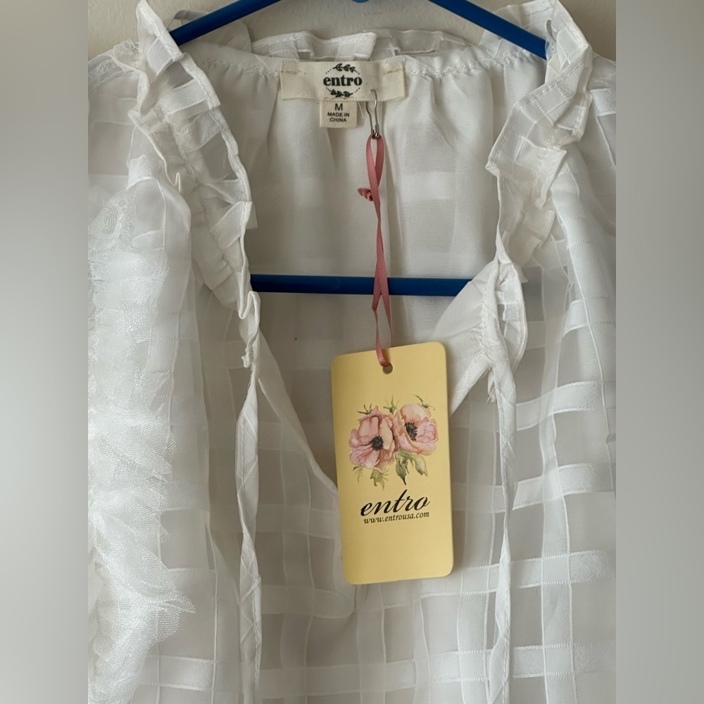 Entro White Gingham Check Blouse Ruffle Cap Sleeve Lined V-Neck Size Medium NWT - Picture 5 of 14